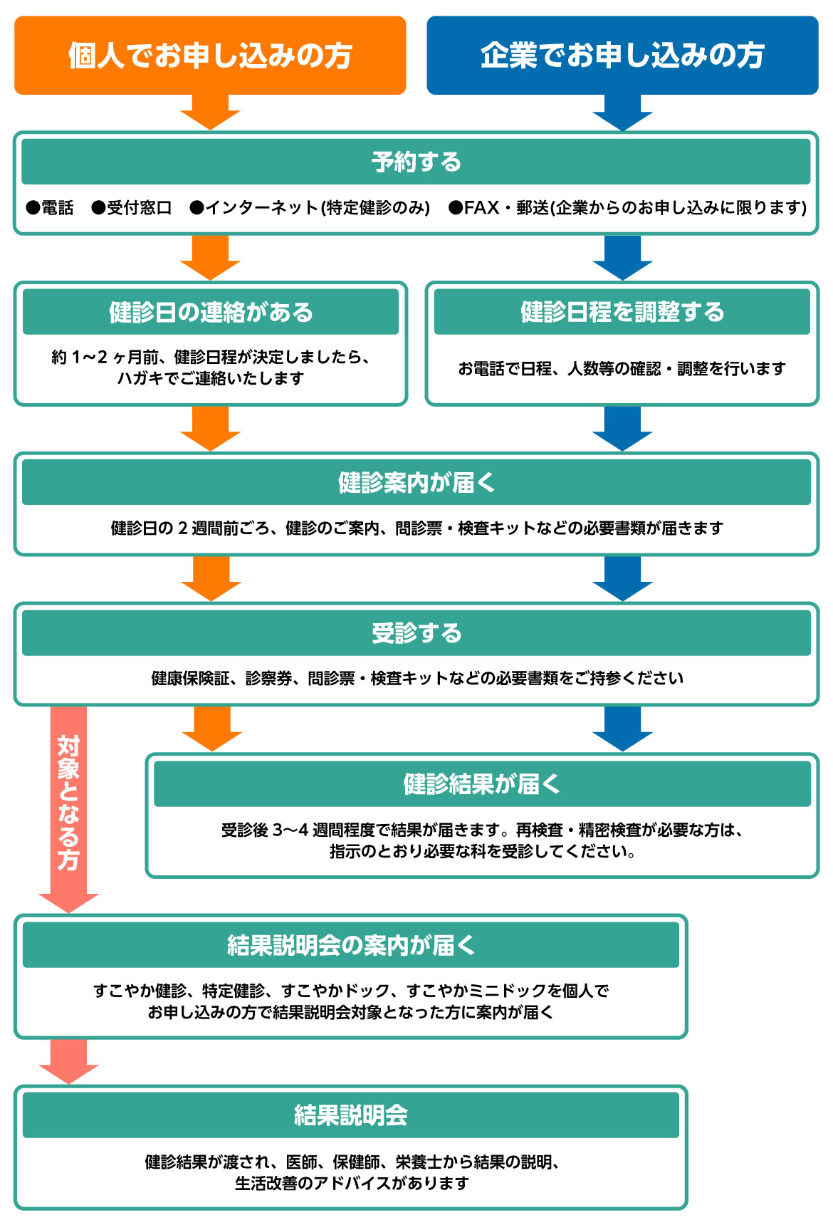 電話、窓口での健診申し込み。約1～2か月前健診日程決定のハガキが届く。約2週間前健診案内、検査キットが届く。健診受診。すこやか健診、特定健診、すこやかドック、すこやかミニドック受診の方で、結果説明会対象となる方には、結果説明会案内が届く。約1か月以内 結果説明会 医師からの説明、保健指導・栄養指導。健診結果をお渡しします。約1か月以内 健診結果が届く
